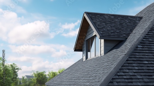 Architectural detail of asphalt shingle roof with gable from side view.