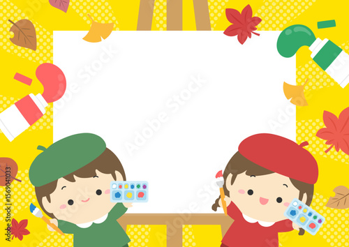 秋の背景、フレーム、芸術の秋、絵を描く子供たち