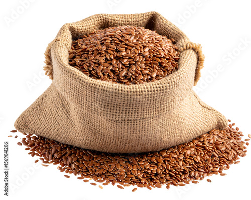 Burlap Sack with Spilling Flax Seeds Isolated on Transparent Background PNG