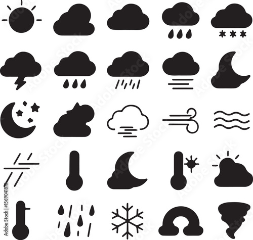 Diverse weather icons for forecasting and meteorology