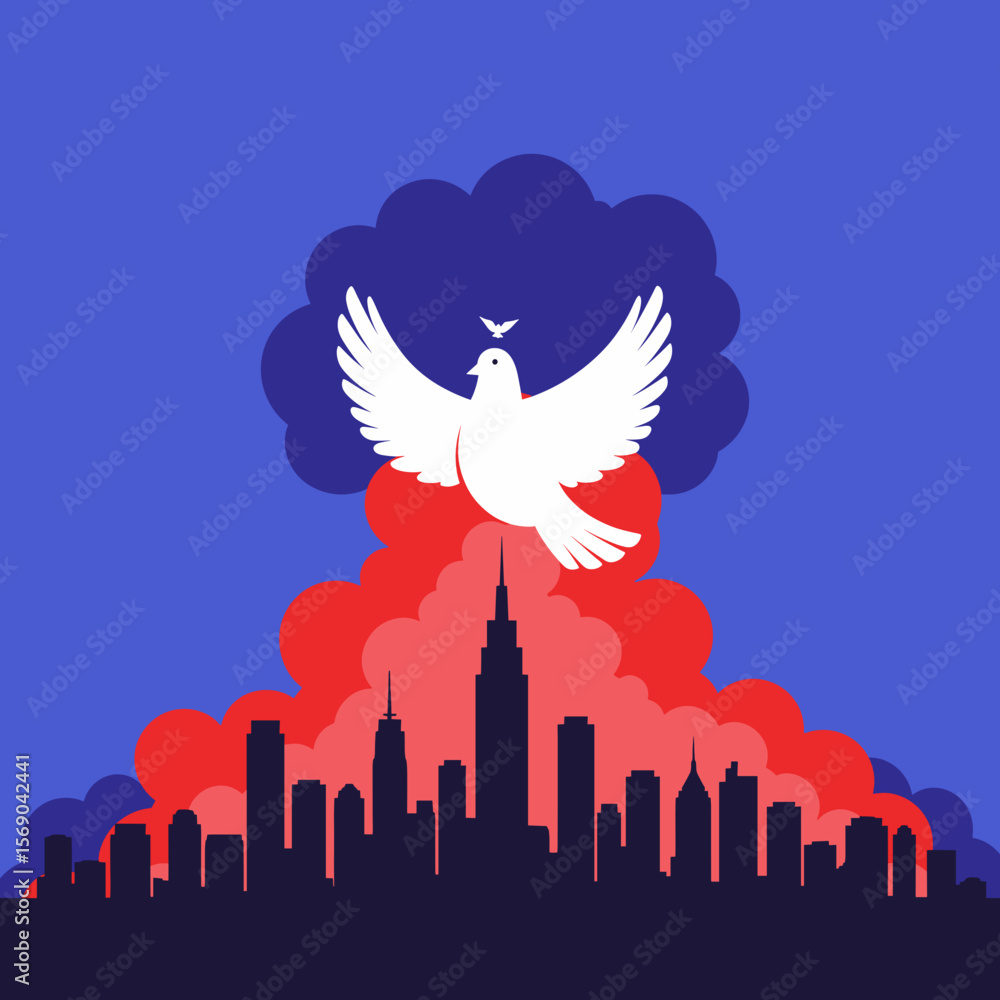 Obraz premium White dove flying above city skyline with colorful cloud background 