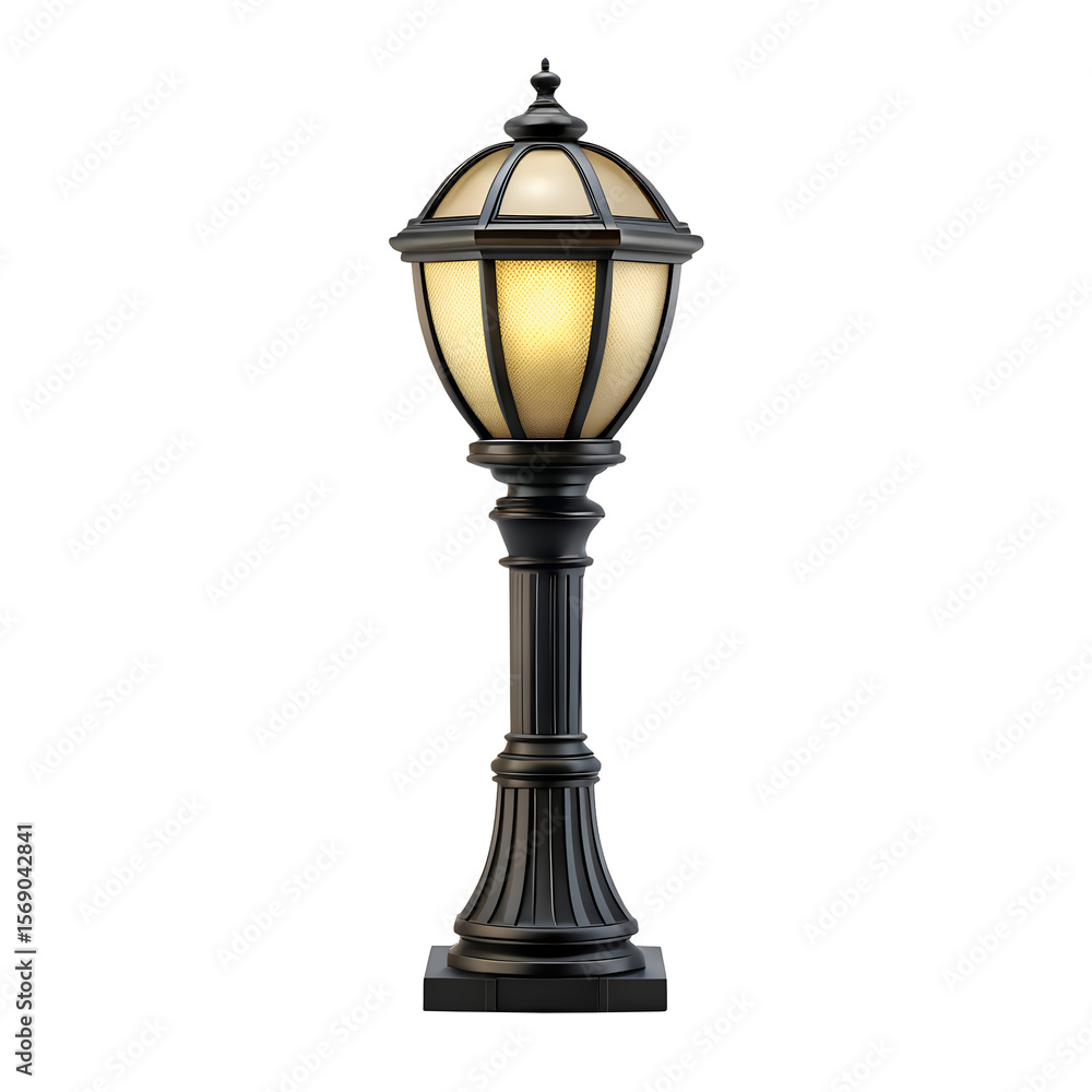 Classic black ornate street lamp with illuminated glass panels isolated on transparent background Classic black ornate street lamp with illuminated glass panels isolated on transparent background