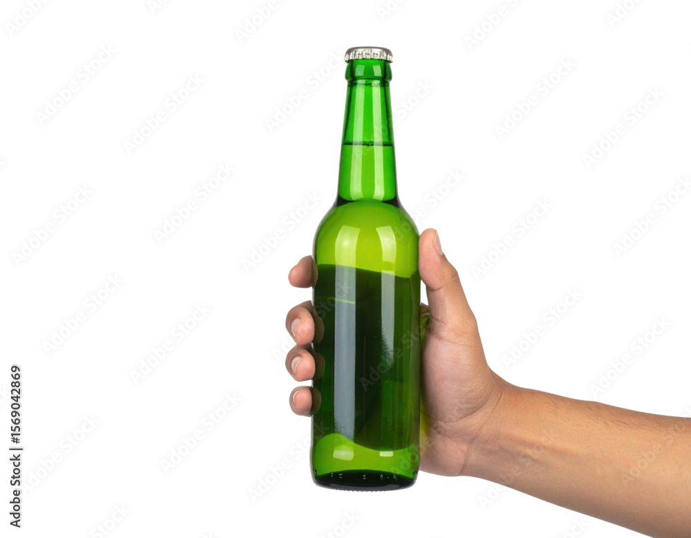 A hand holding a green glass bottle with a metal cap against a black background. A hand holding a green glass bottle with a metal cap against a black background.