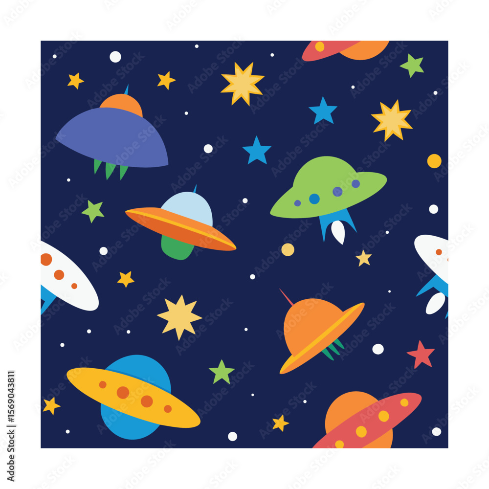 Cartoon UFO Alien and Star Repeating Pattern Cartoon UFO Alien and Star Repeating Pattern