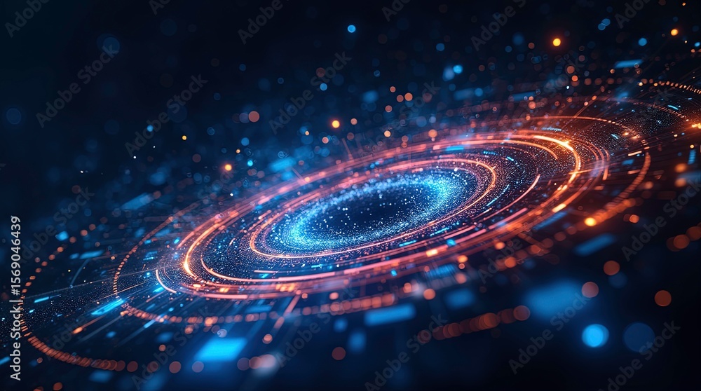 Fototapeta premium Futuristic glowing ring in dark blue space with orange and blue lights