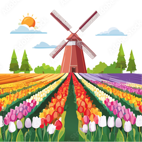 Colorful Tulip Field with Windmill, Netherlands Spring Landscape Illustration