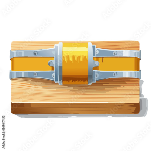 Wooden barrel with metal fixtures for storing beer, wine, or other liquids.