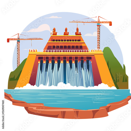Hydroelectric Dam Construction with Cranes and Water Flow Illustration