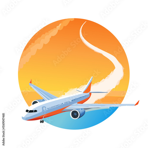 Airplane taking off against a bright orange sunset sky, vector art.