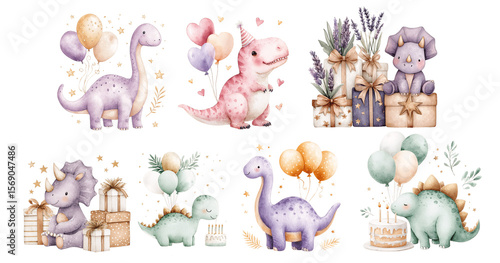 Cute watercolor baby dinosaurs with balloons, gifts and birthday cakes for kids party design 
