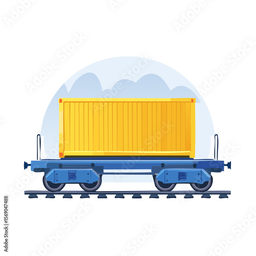 Cartoon train car carrying a cargo container
