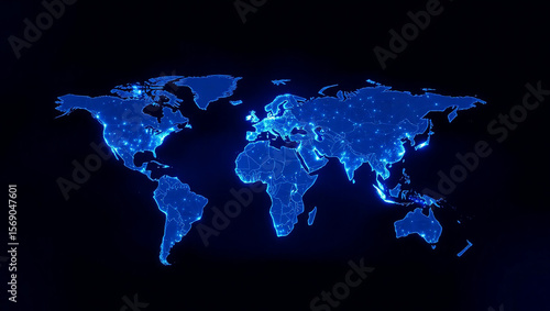 Blue digital world map with glowing network lines and data points, ideal for global communication and information technology themes