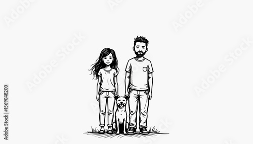 Couple with dog standing on grass