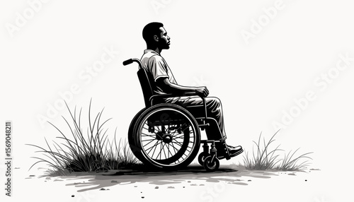 Man in wheelchair contemplating in grassy area