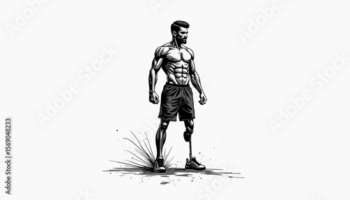 Muscular man with prosthetic leg in athletic pose