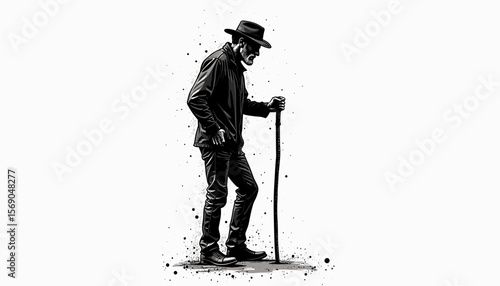 Elderly man walking with cane in black and white illustration