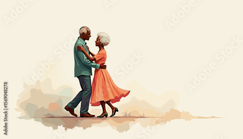 Elderly couple dancing joyfully against a soft pastel background