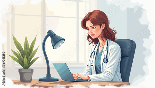 Female doctor working on laptop at desk with plant