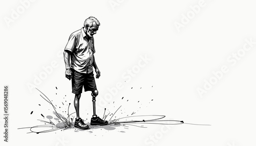 Elderly man with prosthetic leg standing in contemplation