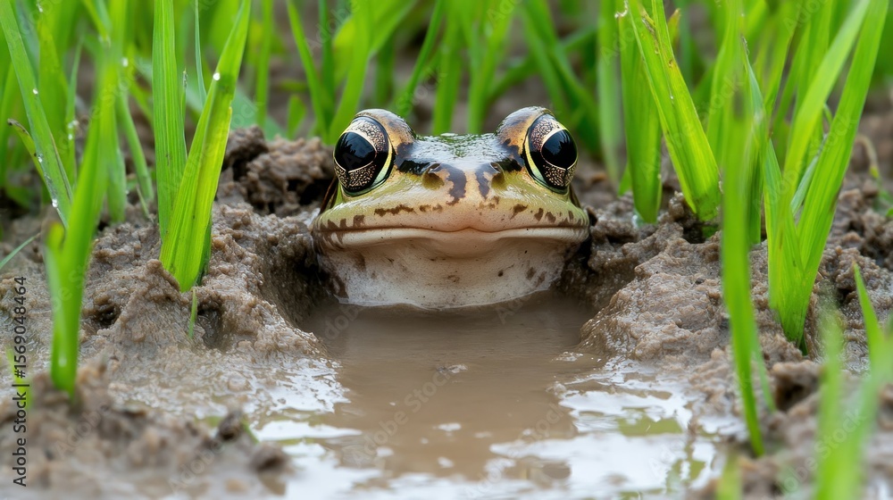 Obraz premium Frog emerging from muddy puddle, surrounded by grass