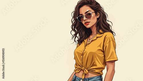 Stylish woman wearing sunglasses posing against a light background