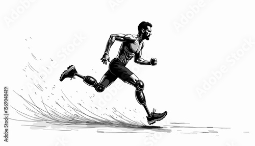Running athlete with prosthetic legs on a dynamic background