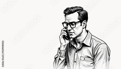 Man talking on phone with serious expression against plain background