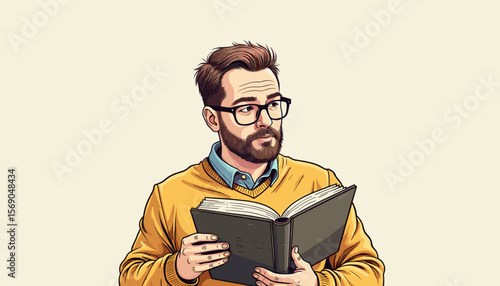 Man reading a book with a thoughtful expression