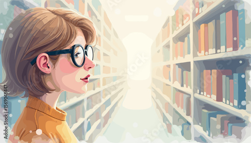 Young woman contemplating in a library corridor