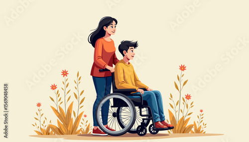 Woman assisting boy in wheelchair against floral background