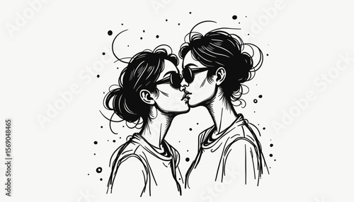 Kissing women in sunglasses against a monochrome background