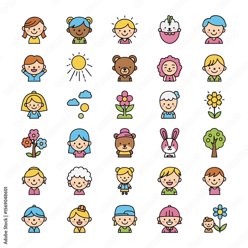 Obraz premium Collection of cute cartoon children animals flowers and sun icons