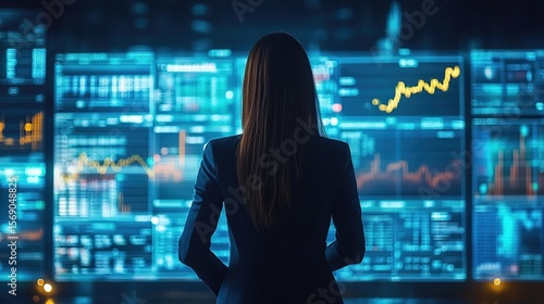A businesswoman standing in front of a digital financial dashboard tracking global market trends 