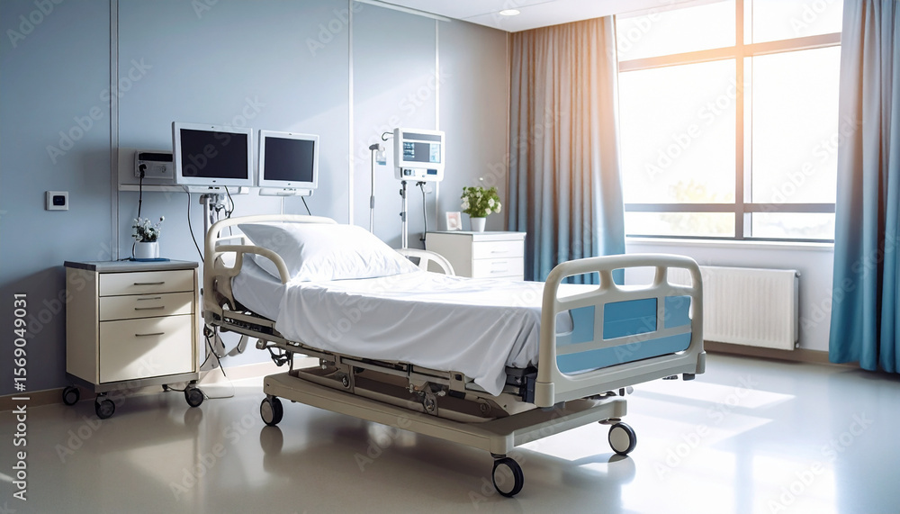 “Hospital Bed with Monitoring Equipment in Daytime Scene” “Hospital Bed with Monitoring Equipment in Daytime Scene”