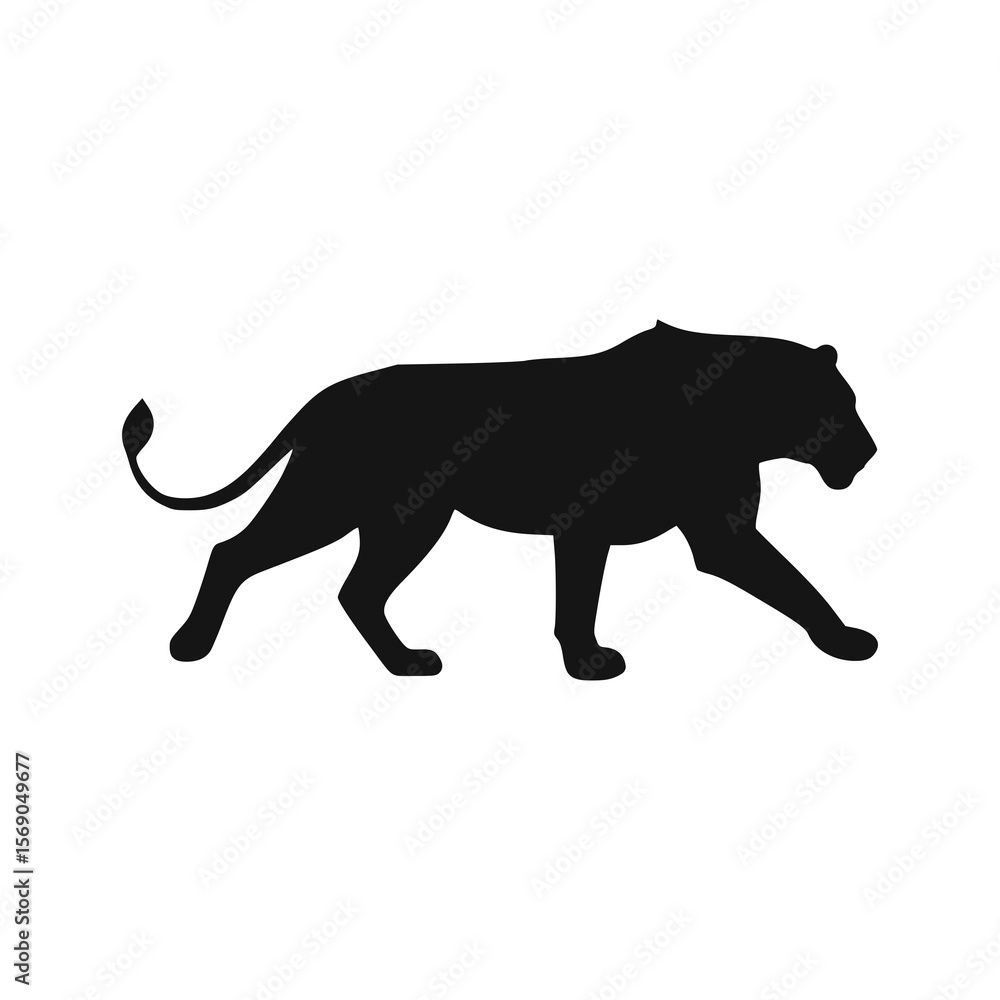 Obraz premium Black silhouette of a walking lion, side view, against a white background.