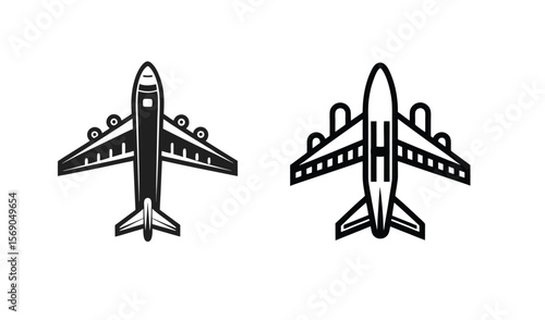 Two stylized airplane icons side by side one solid black and one outline