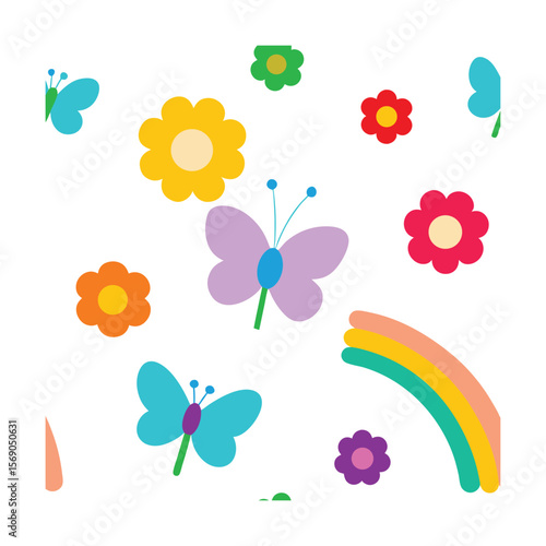 Seamless Butterfly and Rainbow Flower Pattern Background