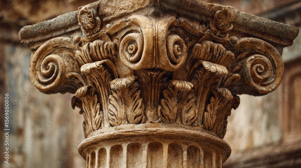Naklejka premium Ancient Roman column capital with classical details. Jurisprudence aesthetic