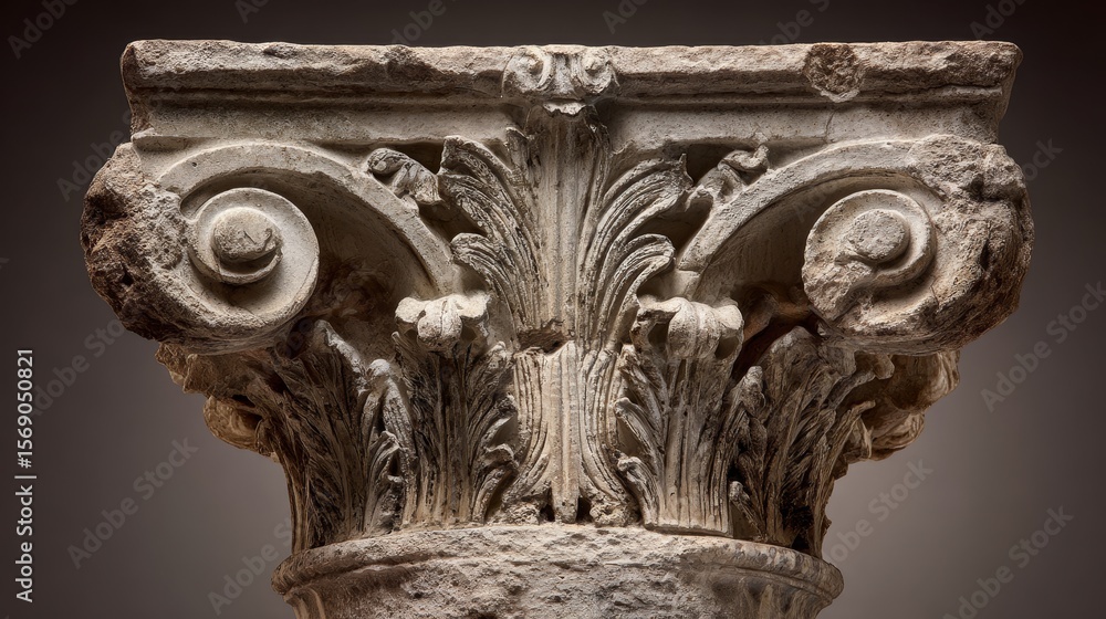Naklejka premium Ancient Roman column capital with classical details. Jurisprudence aesthetic