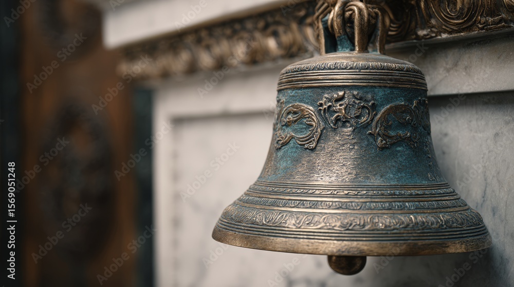Obraz premium Brass courthouse bell with vintage patina finish. Legal institution concept