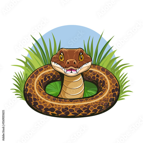 Cartoon Rattlesnake in Grass Against a Light Blue Sky