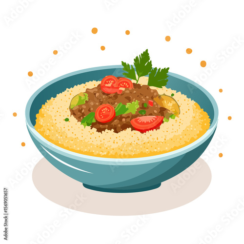 A Bowl of Couscous with Toppings - Vector Illustration