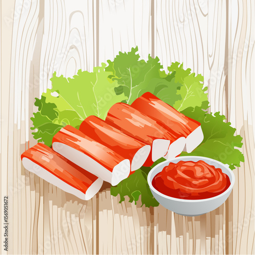 Crab Sticks with Lettuce and Dipping Sauce on a Wooden Table