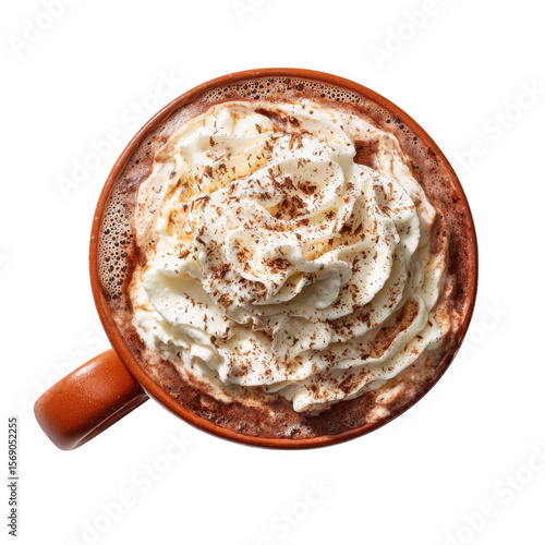 Delicious hot chocolate topped with whipped cream and chocolate shavings isolated on transparent background