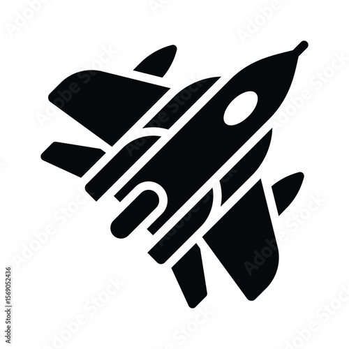 A modern glyph icon of flying passenger jet