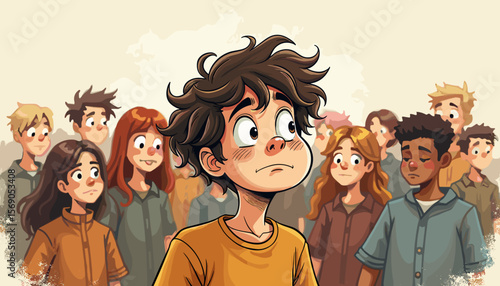 Young boy looking confused in a crowd of teenagers