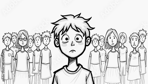Boy looking anxious in a crowd of people