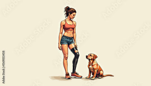 Woman with prosthetic leg interacting with dog