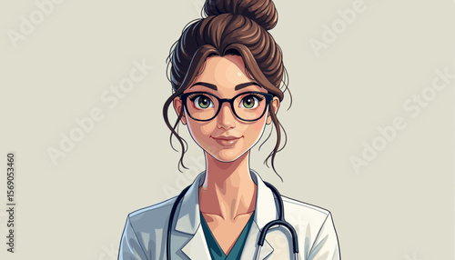 Doctor smiling in white coat against neutral background