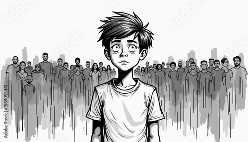 Boy feeling anxious in a crowd of people